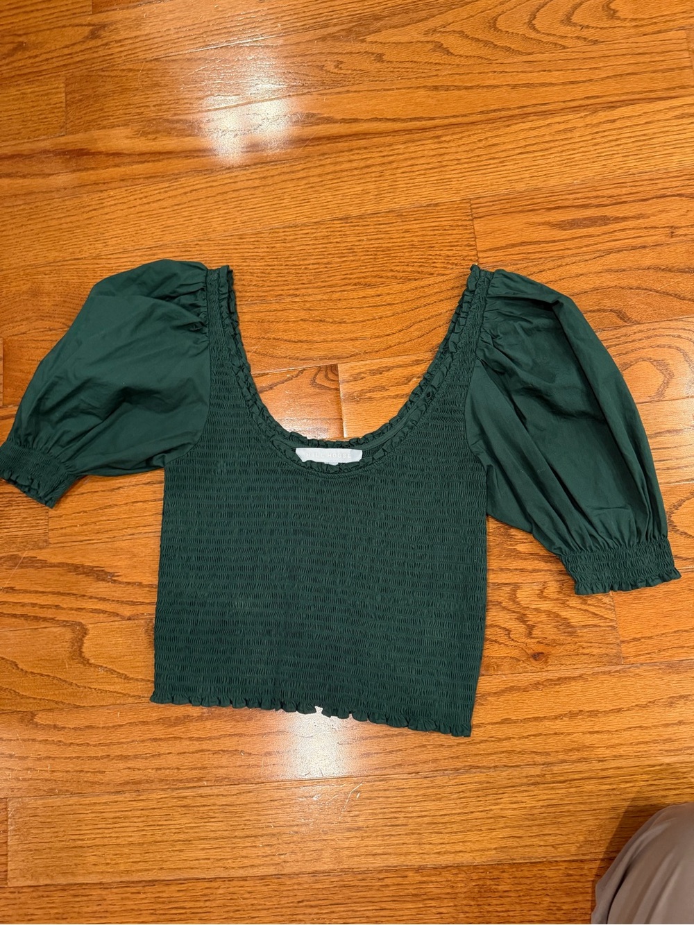 Hillhouse Dark Green Puff Sleeve Smocked Top